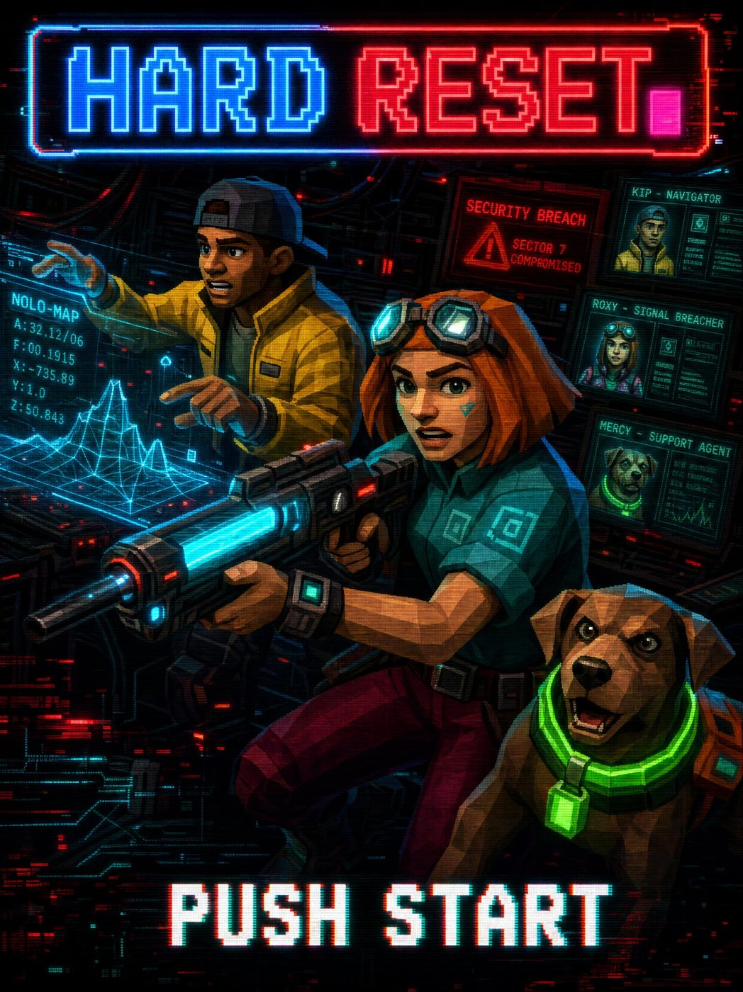 The Vol. 1 key art — full crew, full HUD, push start.
